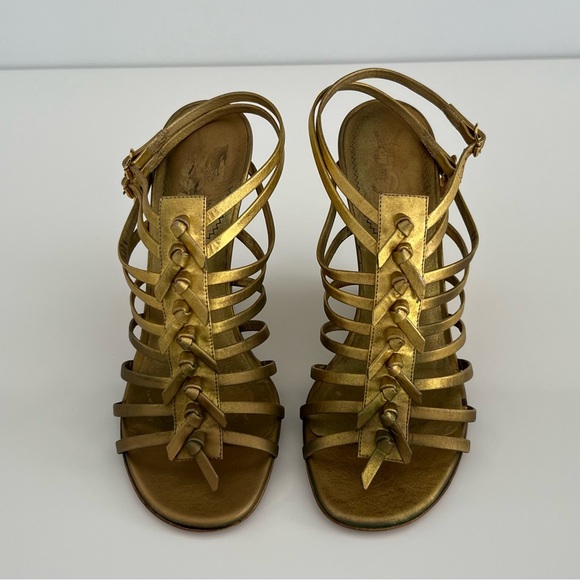 YVES SAINT LAURENT BRONZE GOLD GLADIATOR WEDGE SANDALS SIZE IT 37.5 / US 7.5 - Picture 5 of 17